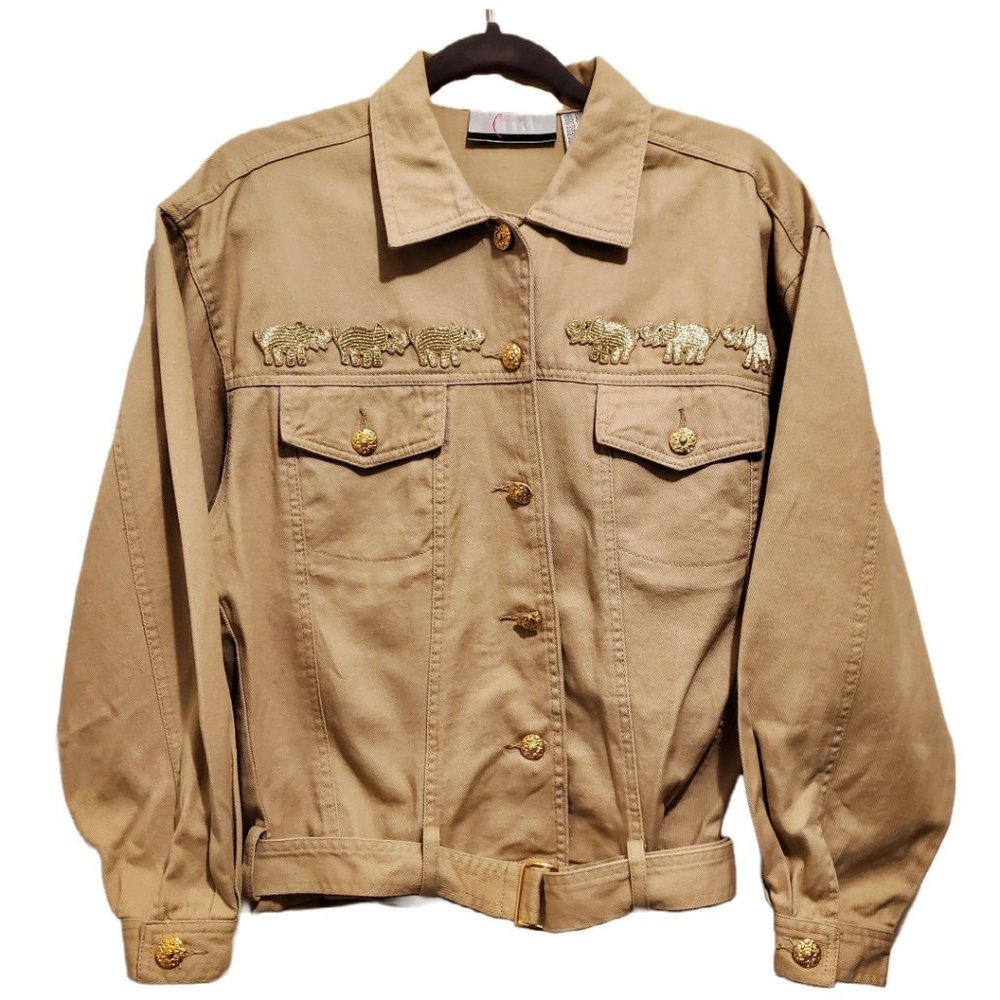 Vintage Class Khaki Belted Jacket w/ Gold Elephant Accents